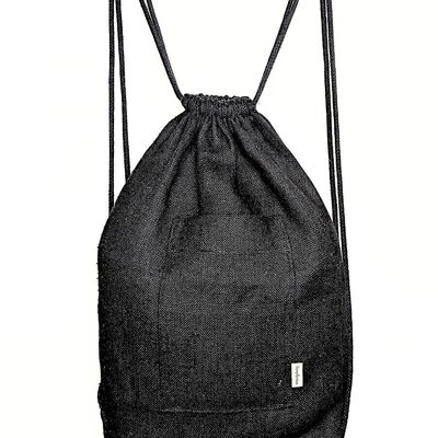 Hemp drawstring bag with pockets in black canvas.