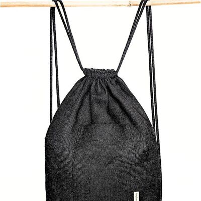 Kordelzugbeutel aus Hanf mit Taschen aus schwarzem Canvas.