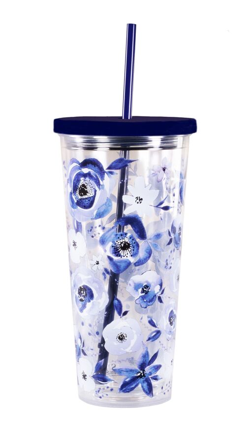Tumbler with Straw, Blue Watercolor