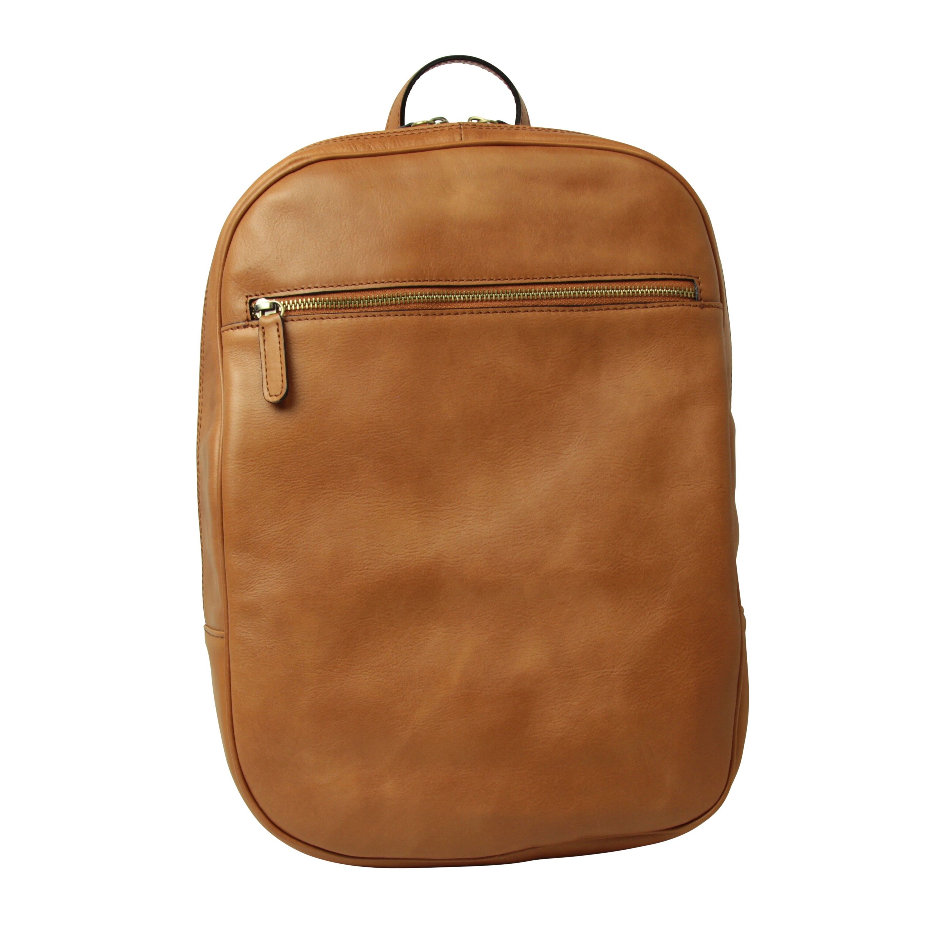 Leather backpack with front zip pocket. Colonial Brown