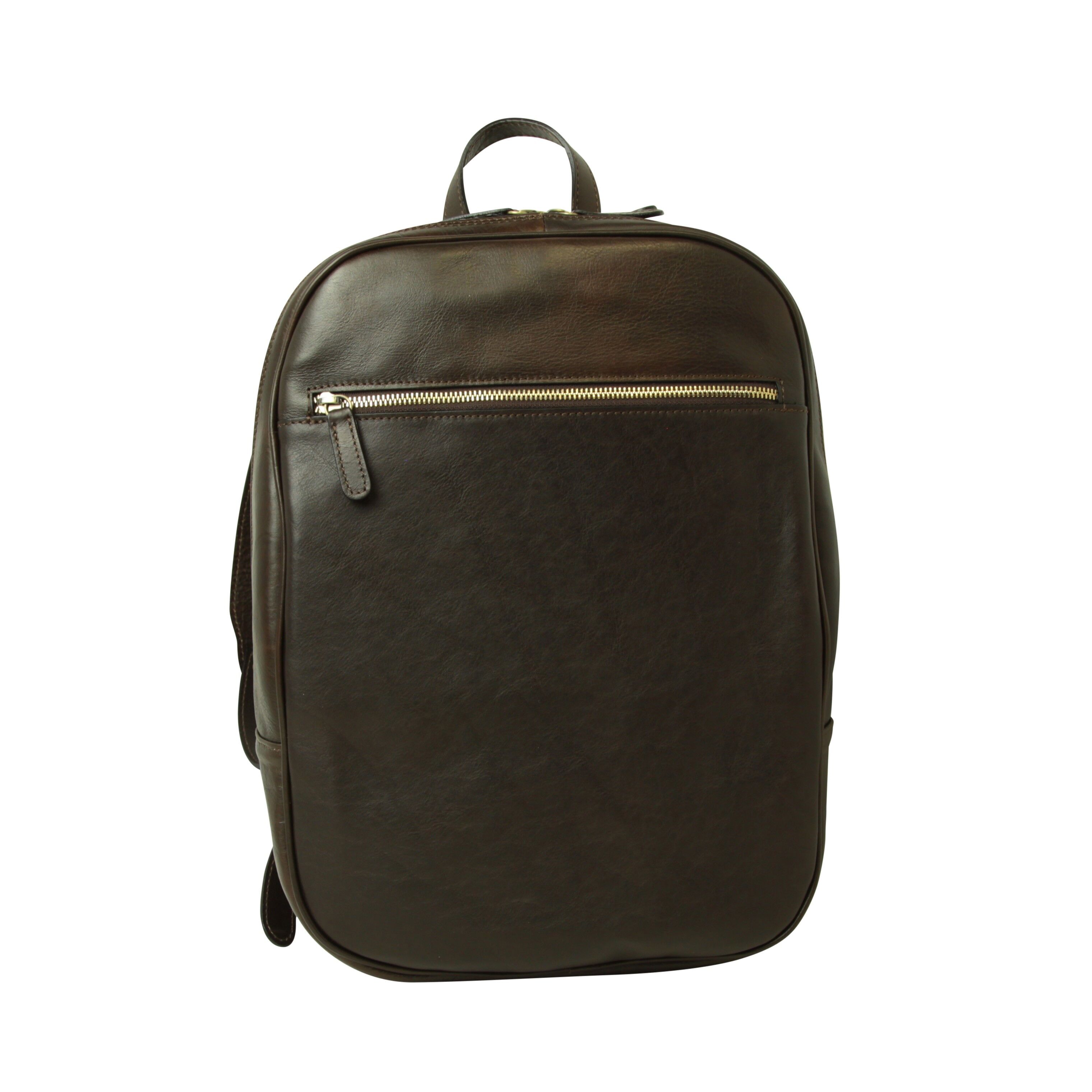 Zaino in pelle con tasca con zip frontale. Marrone Scuro