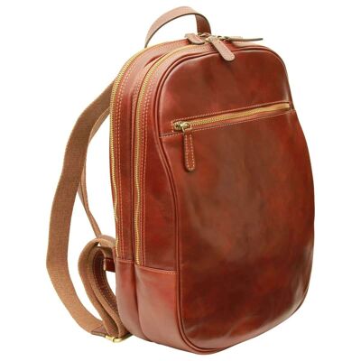 Leather backpack with front zip pocket. Brown