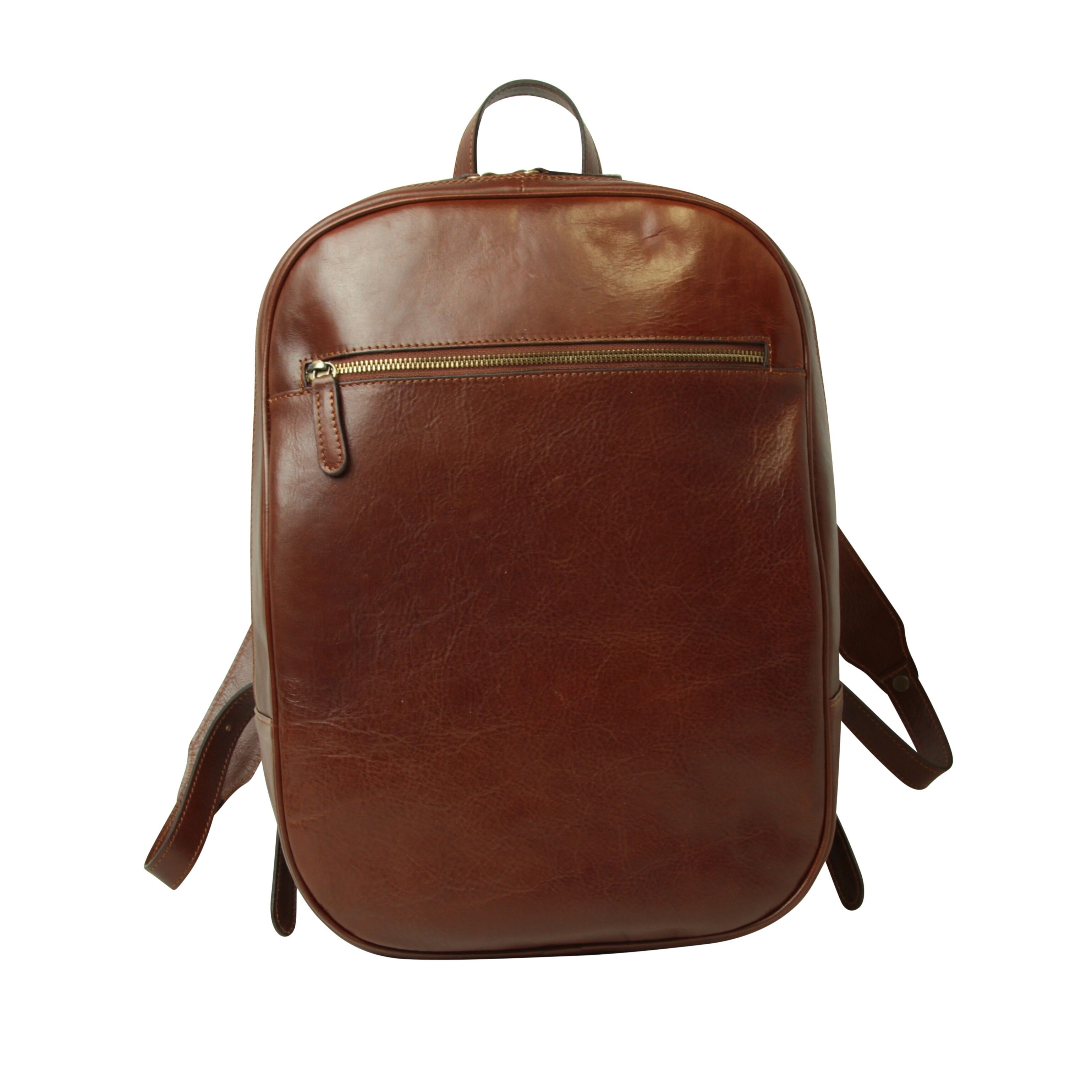 Zaino in pelle con tasca con zip frontale. Marrone