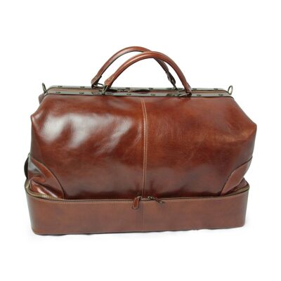 Leather travel bag with double bottom - brown