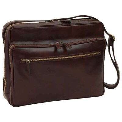 Messenger in pelle con chiusura a zip (Grande). Marrone Scuro