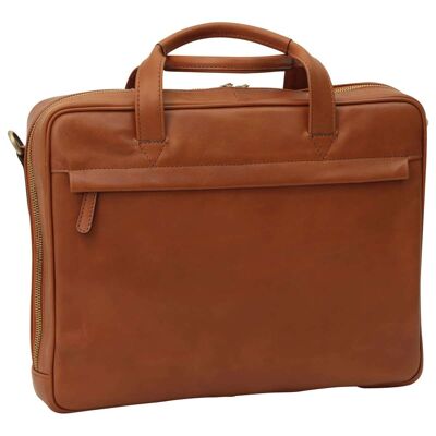 Leather briefcase with zip closure. Colonial Brown