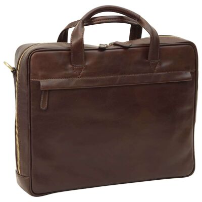 Leather briefcase with zip closure. Dark brown