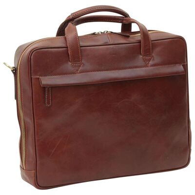 Leather briefcase with zip closure. Brown