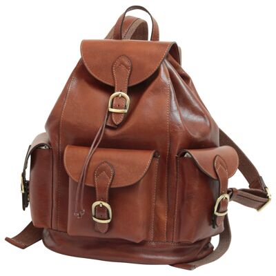 Leather backpack with 3 front pockets. Brown