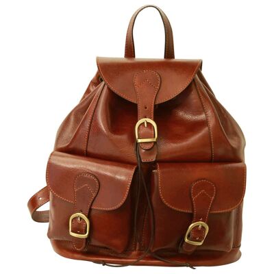 Leather backpack with 2 front pockets. Brown