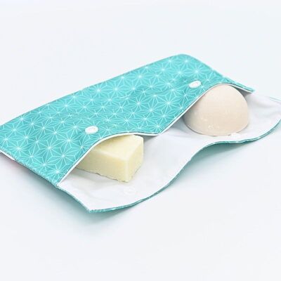 1 double compartment soap pouch, solid cosmetic - transport conservation - Asanoha azur