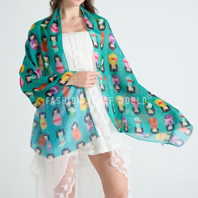 Japanese Doll Print Frayed Scarf