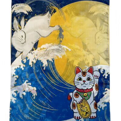 Foulard en soie imprimé chat porte-bonheur et lapin japonais