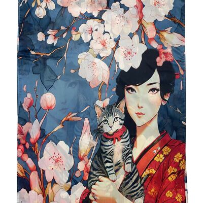 Sciarpa di seta con stampa di signora giapponese e gatto con fiori di ciliegio