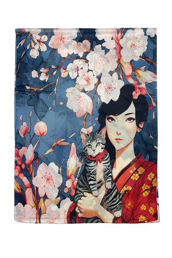 Dame japonaise et chat avec foulard en soie imprimé fleurs de cerisier 1