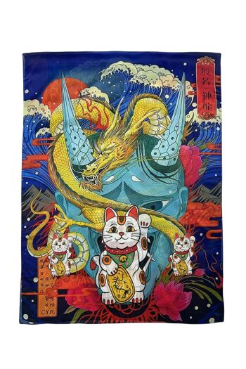 Foulard en soie imprimé dragon japonais et chat porte-bonheur 2