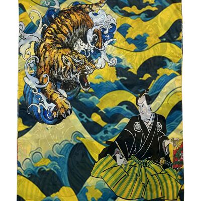 Foulard en soie imprimé tigre japonais et guerrier samouraï