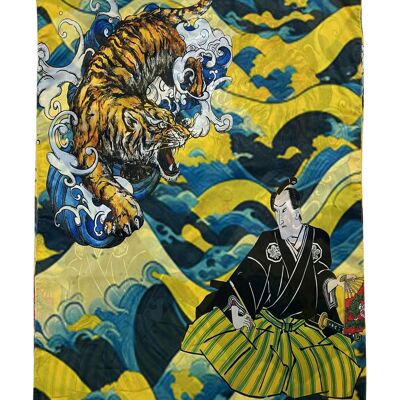 Japanese Tiger and Samurai Warrior Print Silk Scarf