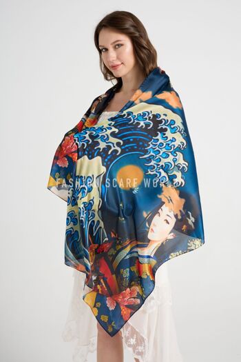 Écharpe en soie japonaise à imprimé grande vague et dame 1
