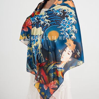 Écharpe en soie japonaise à imprimé grande vague et dame