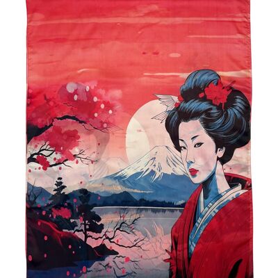Foulard en soie imprimé dame japonaise et mont Fuji