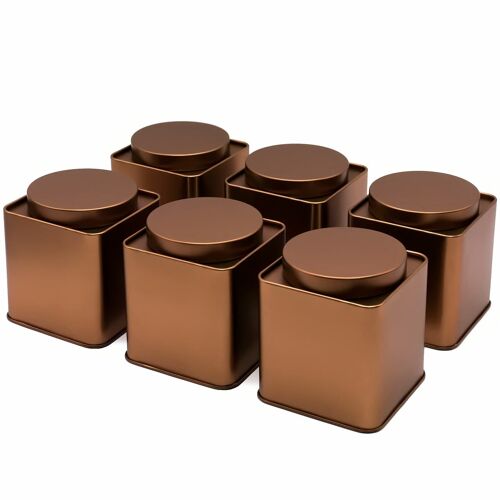6x kupferfarbene eckige Teedose/Vorratsdose, STAPELBAR, aromadicht aus Metall für je 160g Earl Grey | 9.1 x 8 x 8 cm (H,B,T) | auch ideal als Supplements- oder Gewürzdose