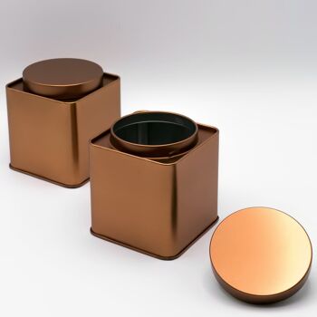 6x boîte à thé/récipient de rangement carré couleur cuivre, EMPILABLE, étanche aux arômes en métal pour 160g Earl Grey chacun 9.1 x 8 x 8 cm (H, L, P) | Idéal également comme complément ou comme récipient à épices 4
