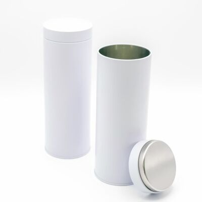 runde Kaffeepaddose/Vorratsdose, luftdicht aus Metall für je200g Earl Grey, ca 20 Kaffeepads | 20 x 7 cm (H,ø) | auch ideal als Protein-, oder Teedose (Weiss)