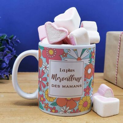 Tazza "La mamma più meravigliosa" e marshmallow a forma di cuore x10