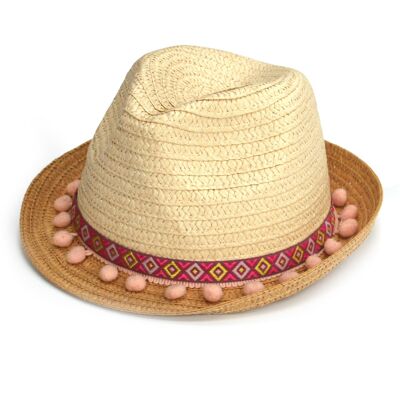 Gorro plegable rosa con pompones y detalle de banda