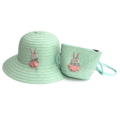 Cappello da coniglio per bambini e borsa abbinata con cinturino - verde