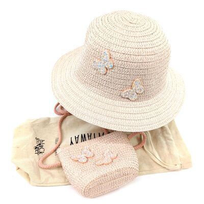Cappello a farfalla per bambini e borsa abbinata con cinturino - rosa