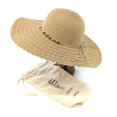Cappello da sole da viaggio pieghevole a tesa larga - Fascia con perline naturali scure (57 cm)