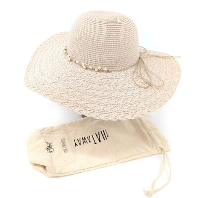 Cappello da sole pieghevole da viaggio a tesa larga - Fascia con perline rosa (57 cm)