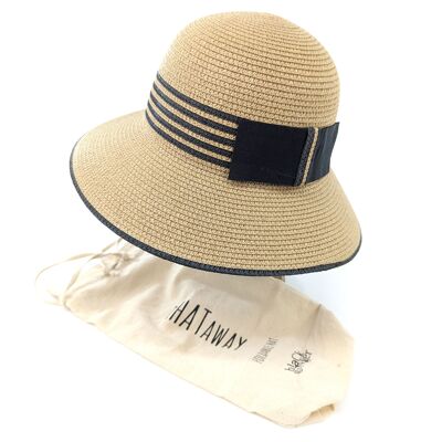 Cappello da sole da viaggio pieghevole stile cloche - naturale con fascia a righe nere