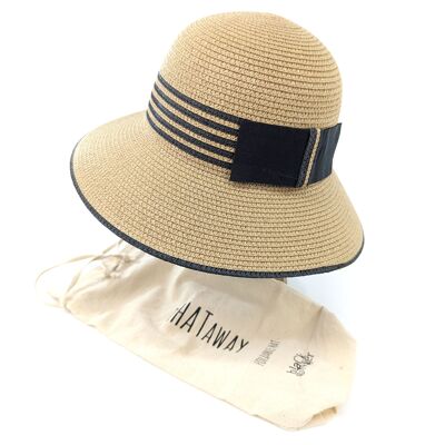 Folding Cloche Style Travel Sun Hat - Natural with Black Stripey Band