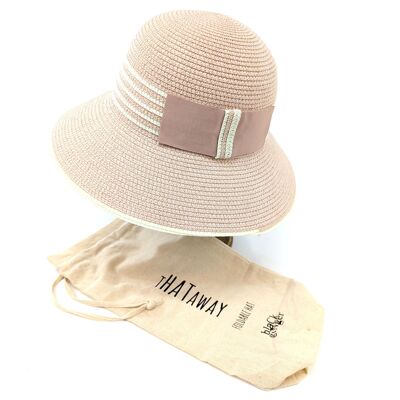 Chapeau de Soleil de Voyage Style Cloche Pliable - Rose avec Bande à Rayures Noires