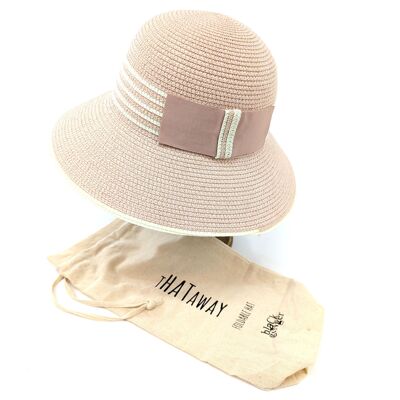 Folding Cloche Style Travel Sun Hat - Pink with Black Stripey Band