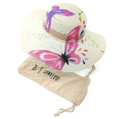 Chapeau de soleil pliable pour femme à large bord imprimé papillon (57 cm)