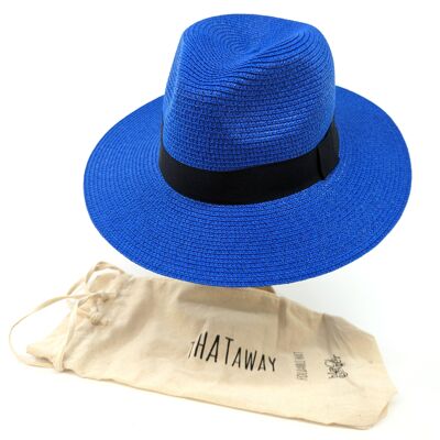 Folding Panama Style Travel Sun Hat - Deep Blue & Black (57cm)