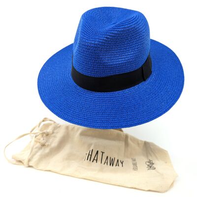 Sombrero plegable de viaje estilo Panamá para el sol - Azul profundo y negro (57 cm)