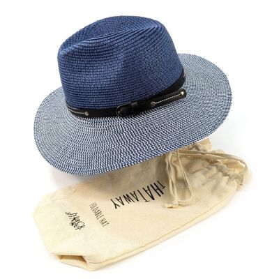 Two Tone Panama Foldable Hat - Mottled/Navy Blue with Belt (57cm)