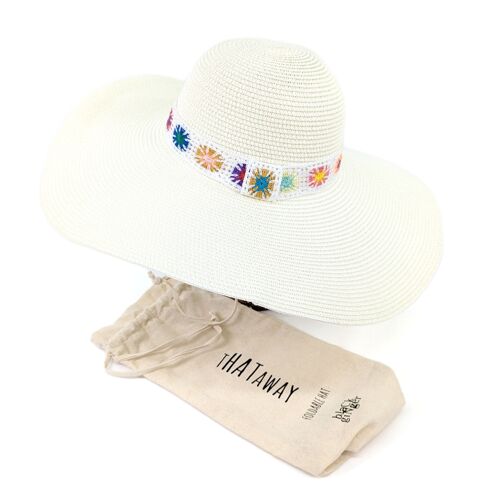 Crochet Band Wide Brim Foldable Hat - White