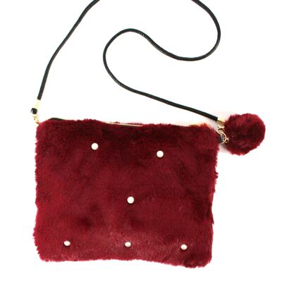 Faux Fur with Pearl Beads Clutch Bag - Dark Red