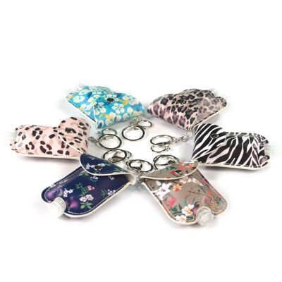 Patterned Sanitiser Cover Keyring with Reuseable Bottle (30ml) - 12 Ass - Flowers & Animal Print