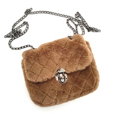 Small Faux Fur Handbag with Changeable Strap - Mink