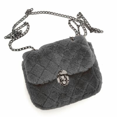 Small Faux Fur Handbag with Changeable Strap - Black
