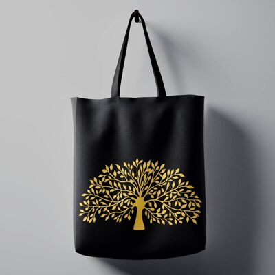 Baum des Lebens Schulter-/Einkaufstasche - Schwarz/Gold (exklusives Design)