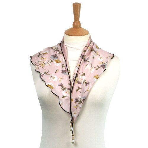 Chlifa - Small Scarf with Drop Pearl Tassels - Pink Flower