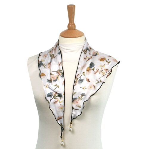 Chlifa - Small Scarf with Drop Pearl Tassels - White Flower